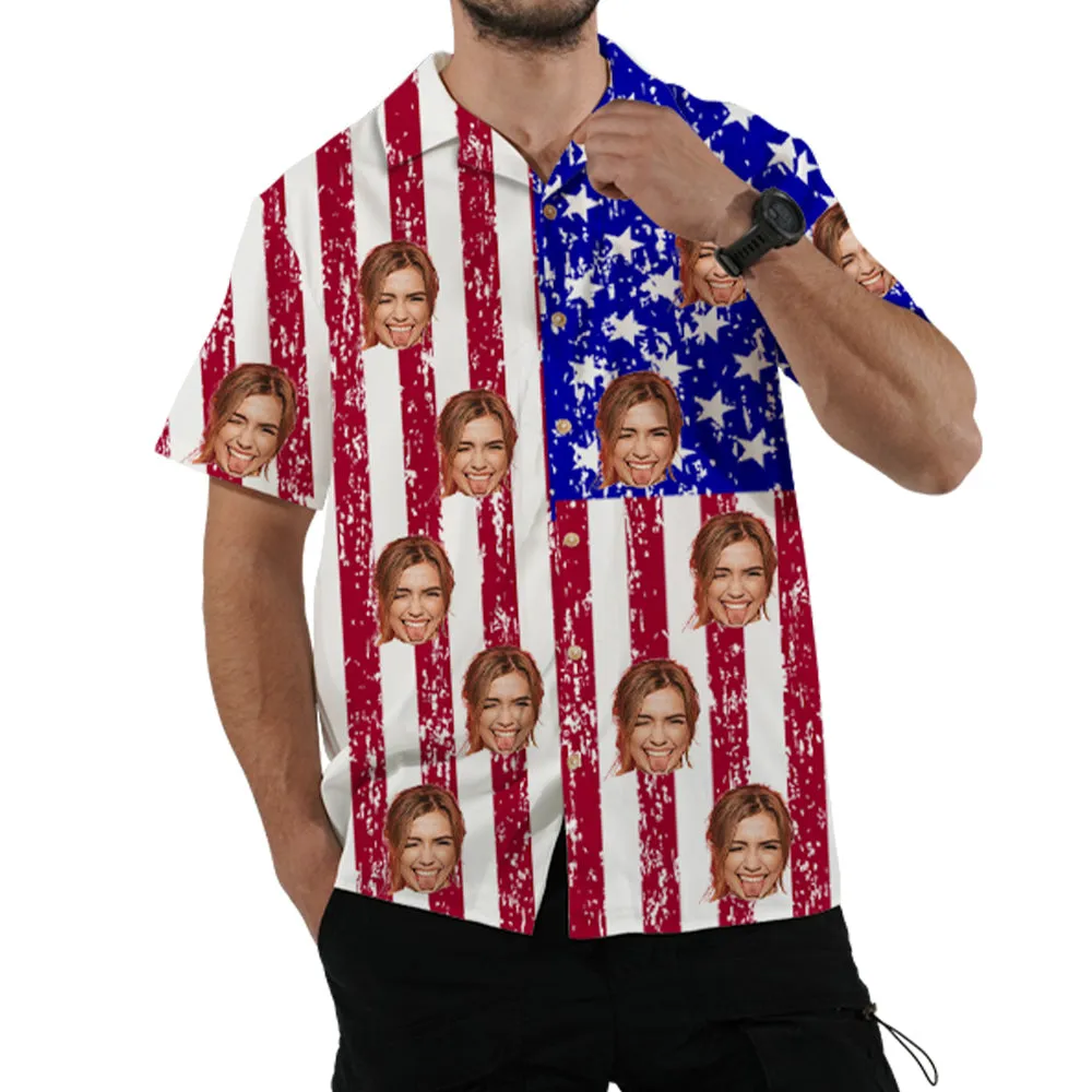 4FunGift® Customized Face Hawaiian Shirt Oversize Unisex Lapel Short Sleeve Shirt American Style Flag Print