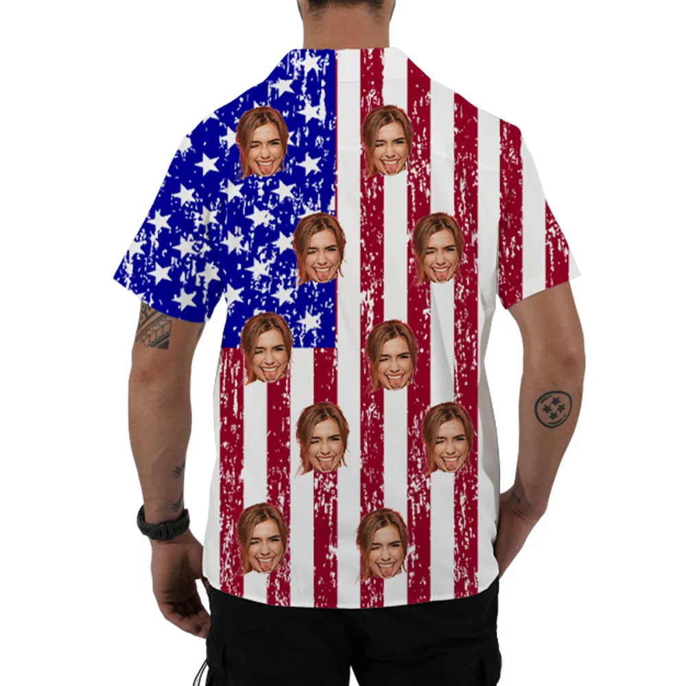 4FunGift® Customized Face Hawaiian Shirt Oversize Unisex Lapel Short Sleeve Shirt American Style Flag Print