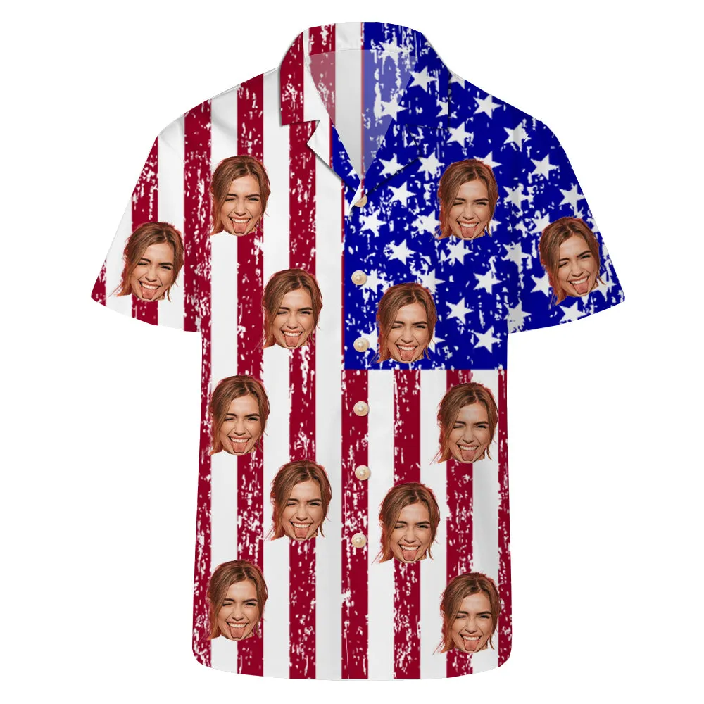 4FunGift® Customized Face Hawaiian Shirt Oversize Unisex Lapel Short Sleeve Shirt American Style Flag Print