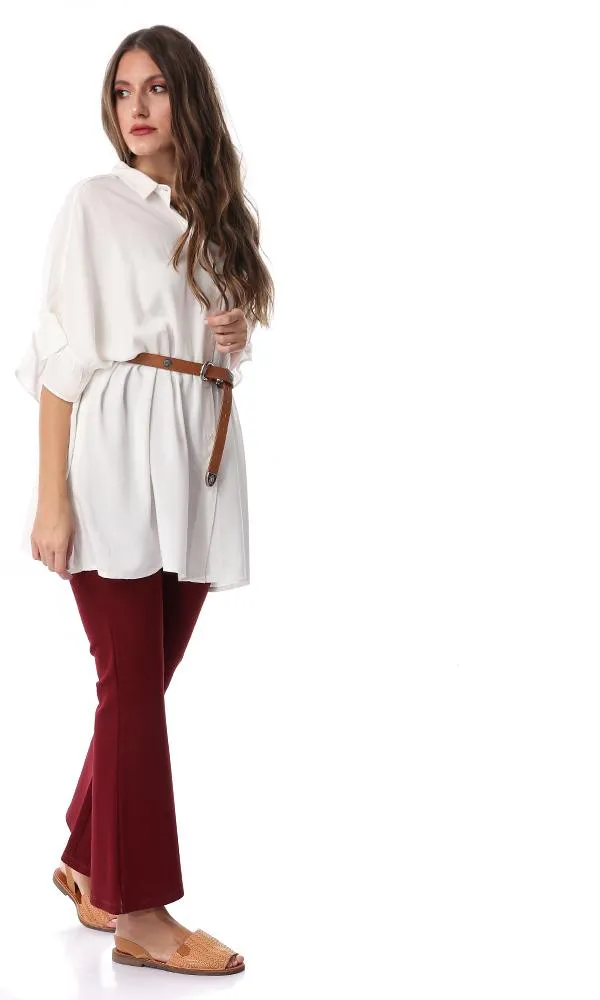 53497 Frill Sleeve Loose Off White Shirt