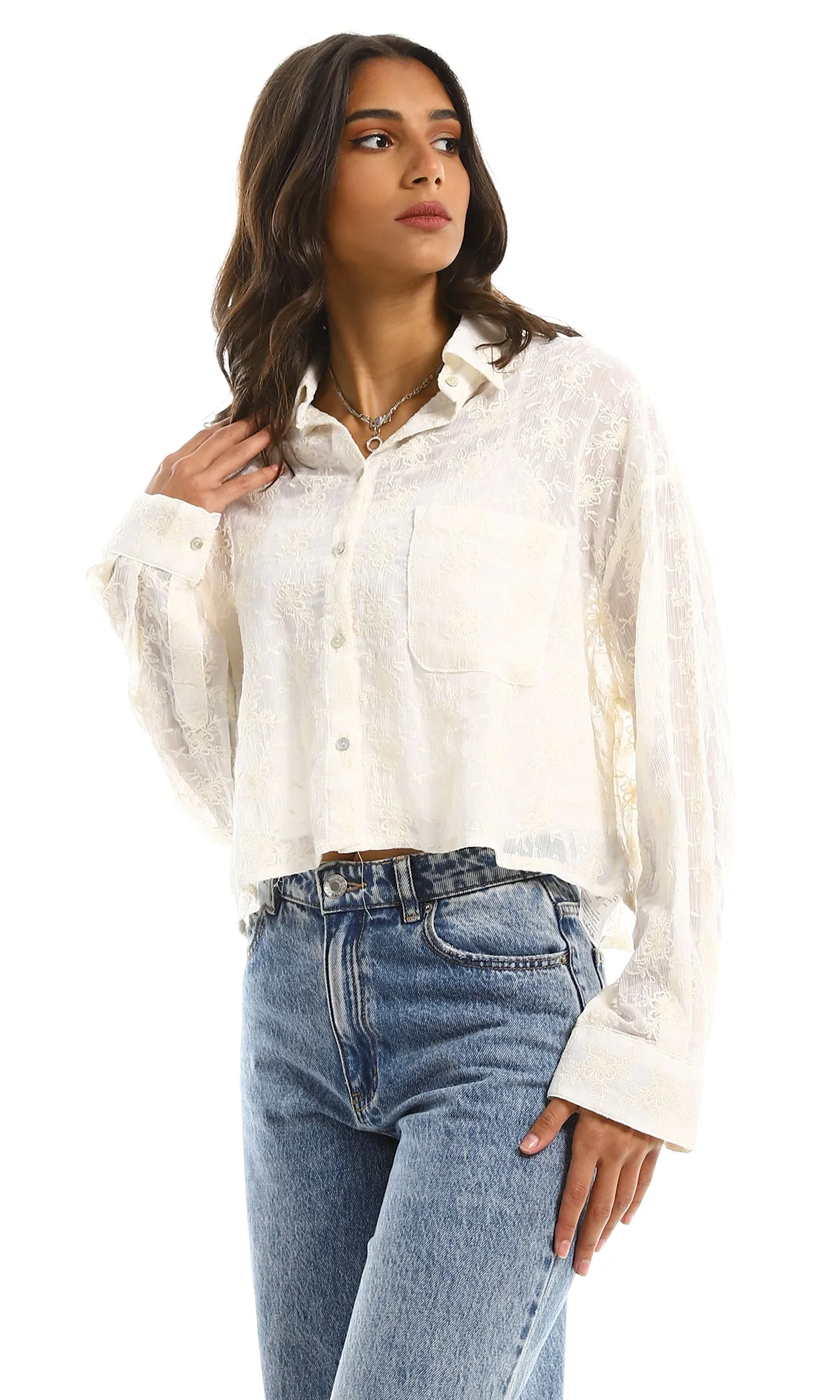 97325 Embroidered Long Sleeves Cream Cropped Shirt
