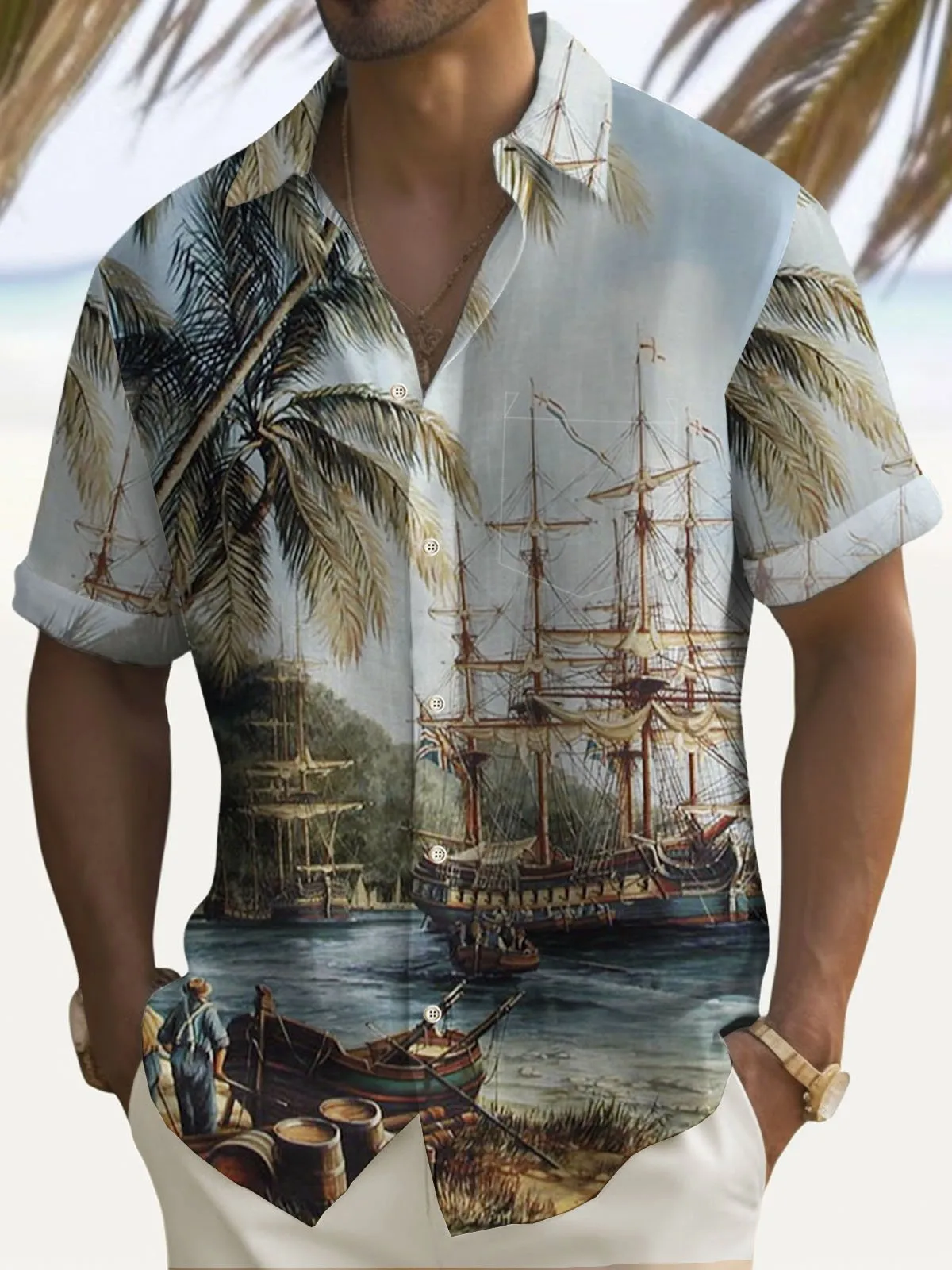 Alohadaddy 50's Vintage Nautical Men's Hawaiian Shirts Coconut Tree Cotton Linen Blend Camp Shirts