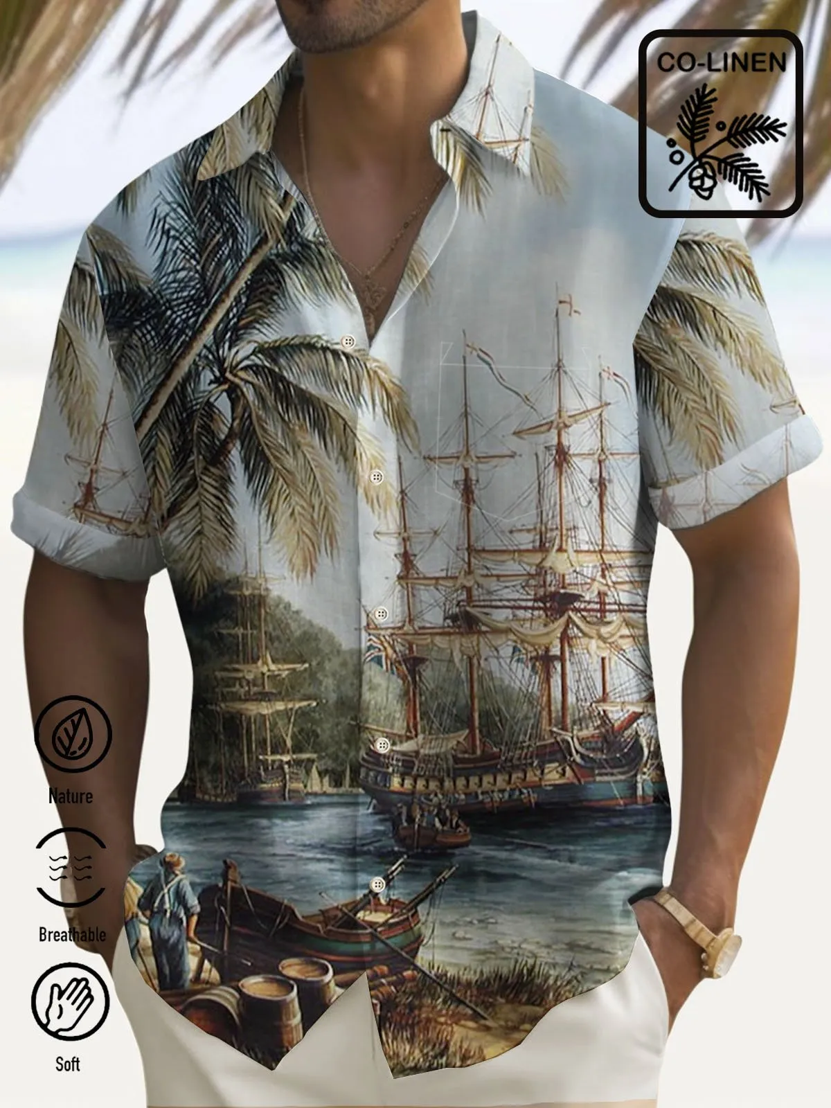 Alohadaddy 50's Vintage Nautical Men's Hawaiian Shirts Coconut Tree Cotton Linen Blend Camp Shirts