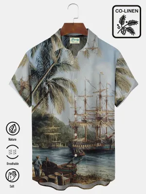 Alohadaddy 50's Vintage Nautical Men's Hawaiian Shirts Coconut Tree Cotton Linen Blend Camp Shirts