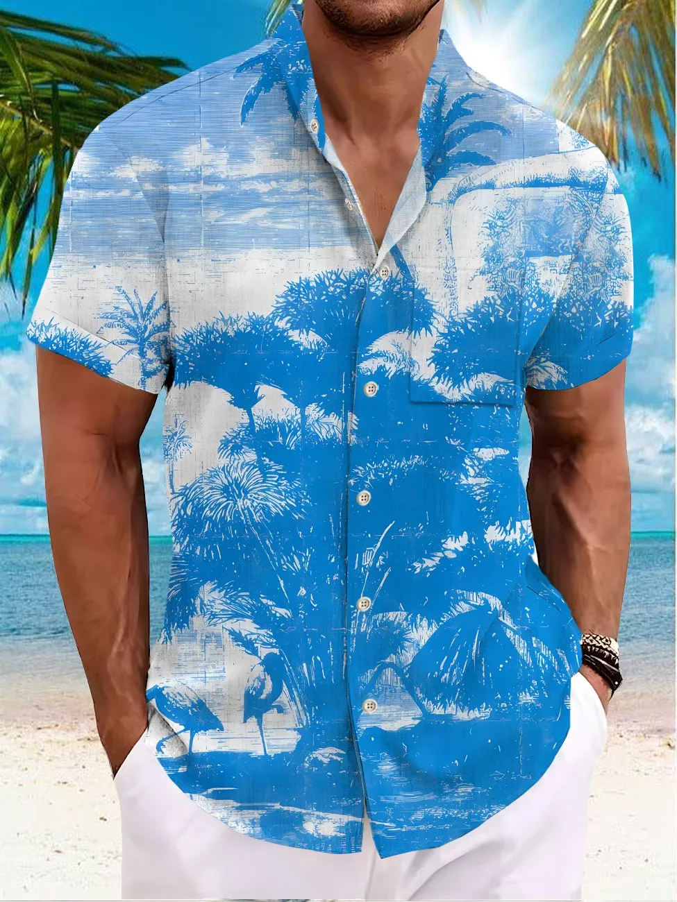 Alohadaddy Beach Coconut Tree Button Pocket Casual Short Sleeve Stand Collar Shirt