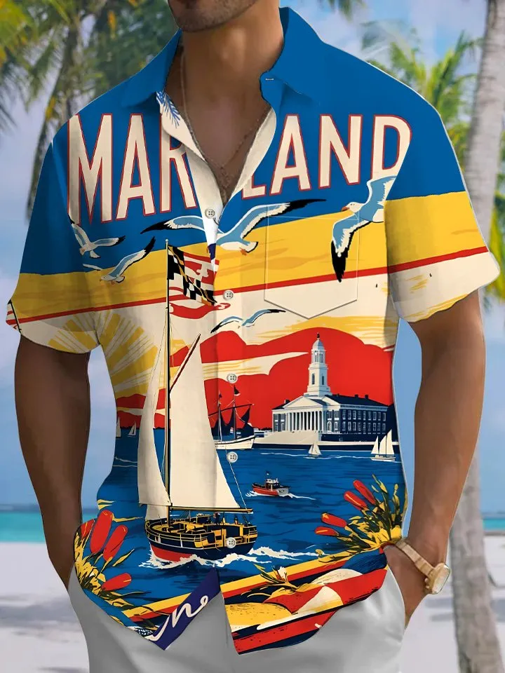 Alohadaddy Beach Sailing Sunset Text Button Pocket Casual Short Sleeve Shirt
