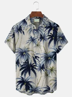 Alohadaddy Beach Vacation Khaki Men's Hawaiian Shirts Vintage Coconut Tree Stretch Easy Care Pocket Camp Shirts