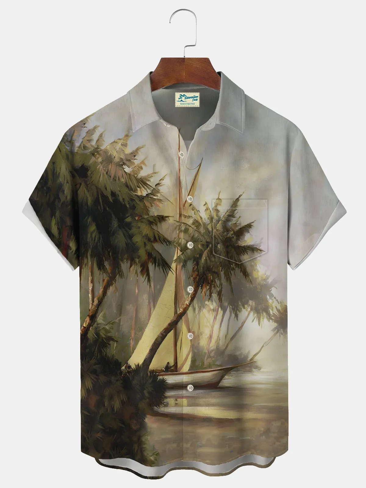 Alohadaddy Beach Vacation Men's Hawaiian Shirt Sailing Coconut Tree Print Pocket Camping Shirt Big Tall