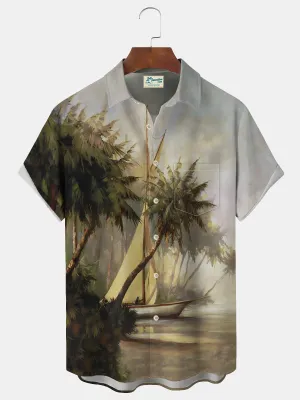 Alohadaddy Beach Vacation Men's Hawaiian Shirt Sailing Coconut Tree Print Pocket Camping Shirt Big Tall