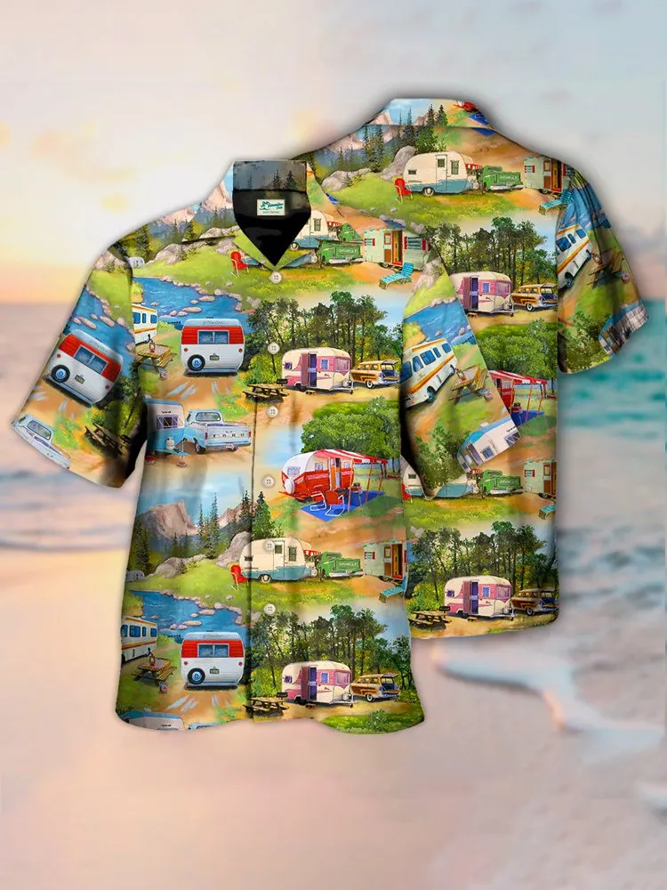 Alohadaddy Camp Collar Camping Van Print Men's Vacation Hawaii Big And Tall Aloha Shirt