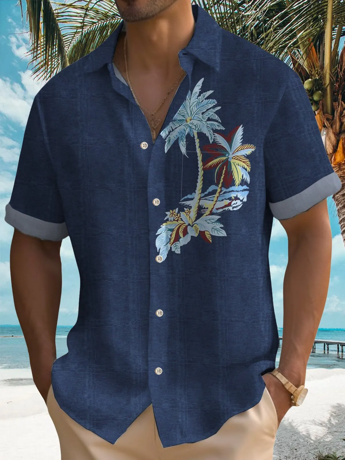Alohadaddy Casual Check Lsland Coconut Tree Print Decoration Men's Hawaiian Holiday Plus Size Aloha Shirts