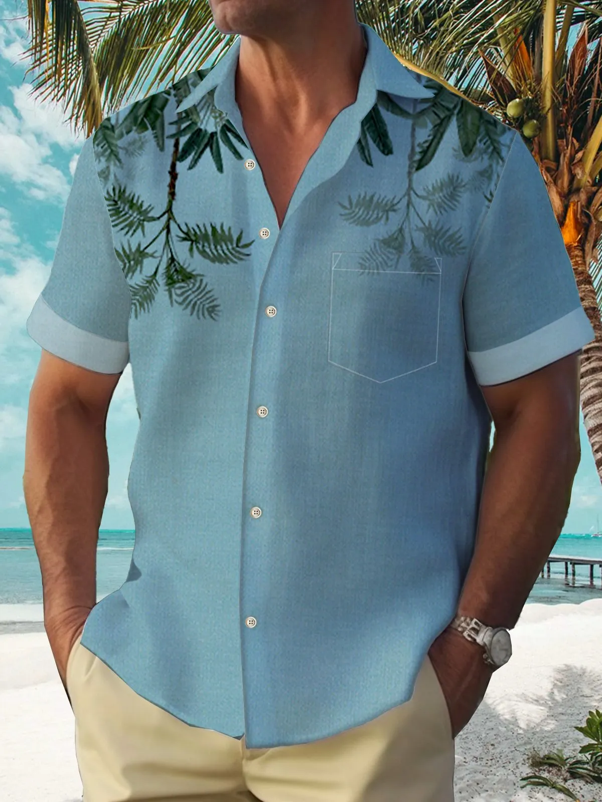 Alohadaddy Casual Cotton-Linen Palm Leaves And Greenery Men's Hawaiian Holiday Plus Size Breathable Natural Shirts