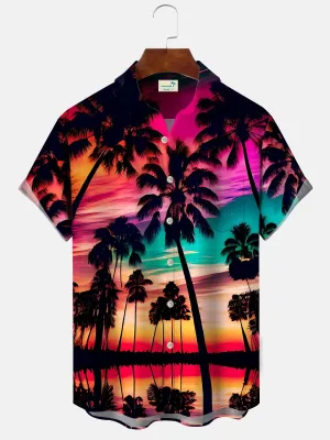 Alohadaddy Coconut Tree Beach Sunset Men Button Pocket Casual Vacation Short Sleeve Shirt