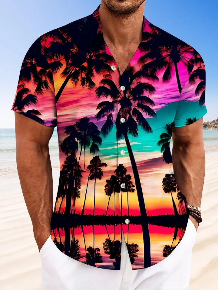 Alohadaddy Coconut Tree Beach Sunset Men Button Pocket Casual Vacation Short Sleeve Shirt