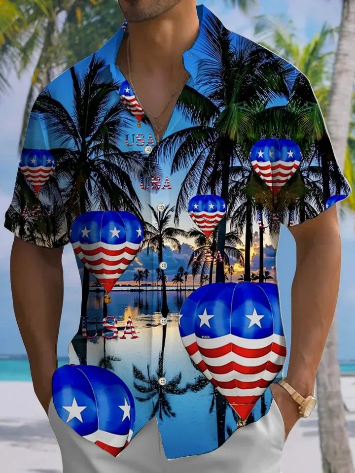 Alohadaddy Coconut Tree Flag Button Pocket Casual Short Sleeve Shirt