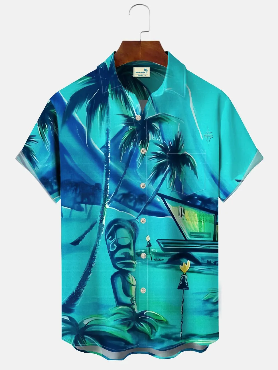 Alohadaddy Coconut Tree Stone Statue Vintage Men's Pocket Button Short Sleeve Casual Vacation Shirt