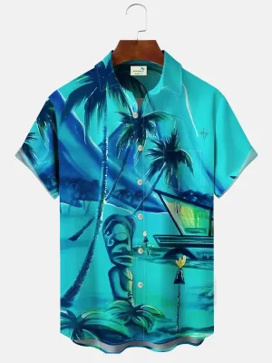 Alohadaddy Coconut Tree Stone Statue Vintage Men's Pocket Button Short Sleeve Casual Vacation Shirt