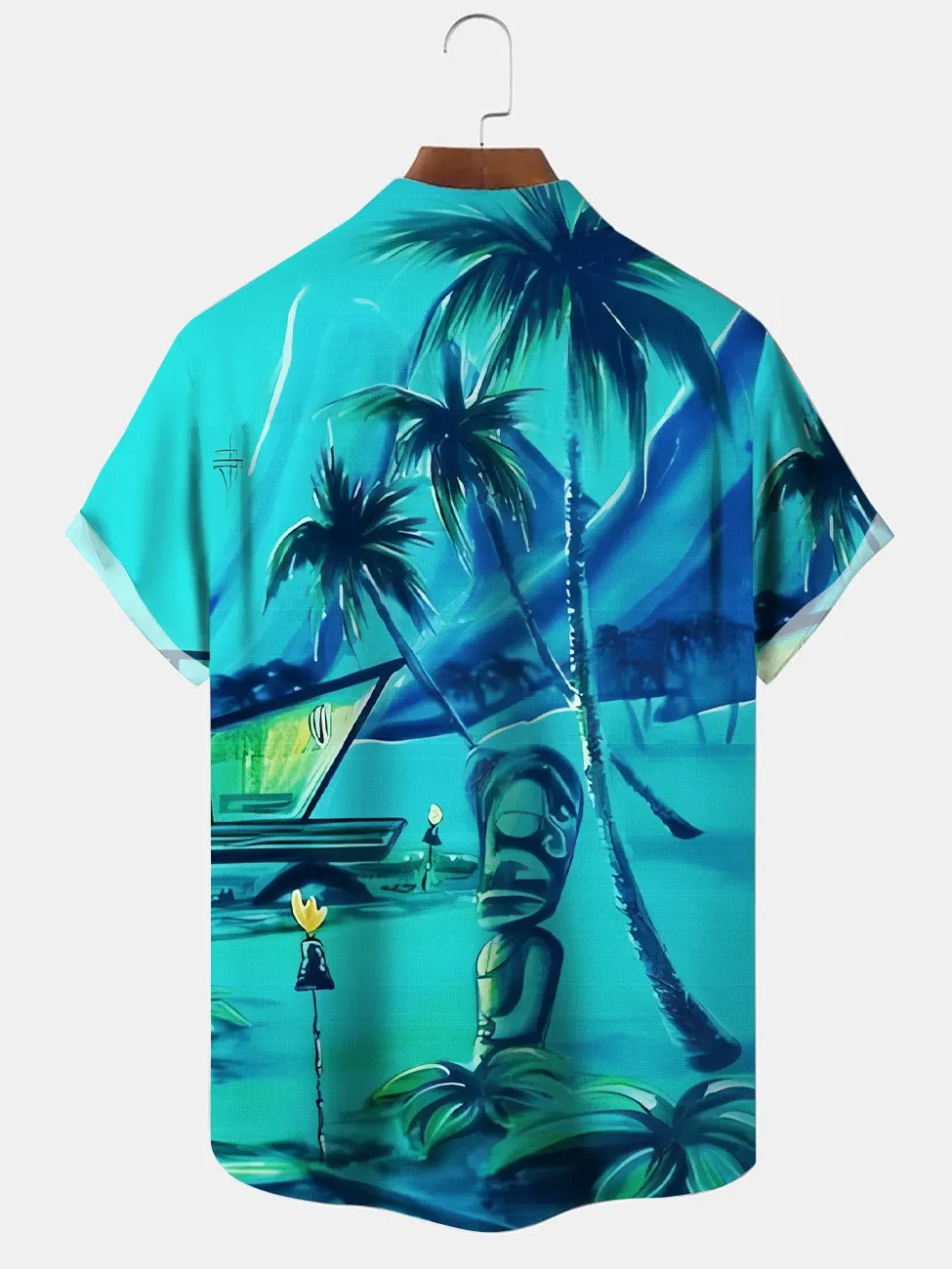 Alohadaddy Coconut Tree Stone Statue Vintage Men's Pocket Button Short Sleeve Casual Vacation Shirt