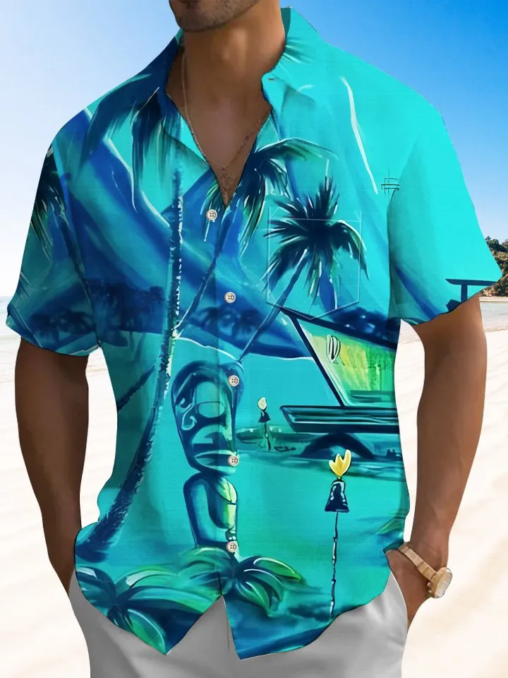 Alohadaddy Coconut Tree Stone Statue Vintage Men's Pocket Button Short Sleeve Casual Vacation Shirt