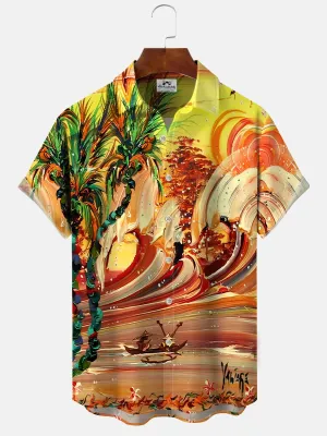 Alohadaddy coconut tree sunset beach button pocket casual short sleeve shirt
