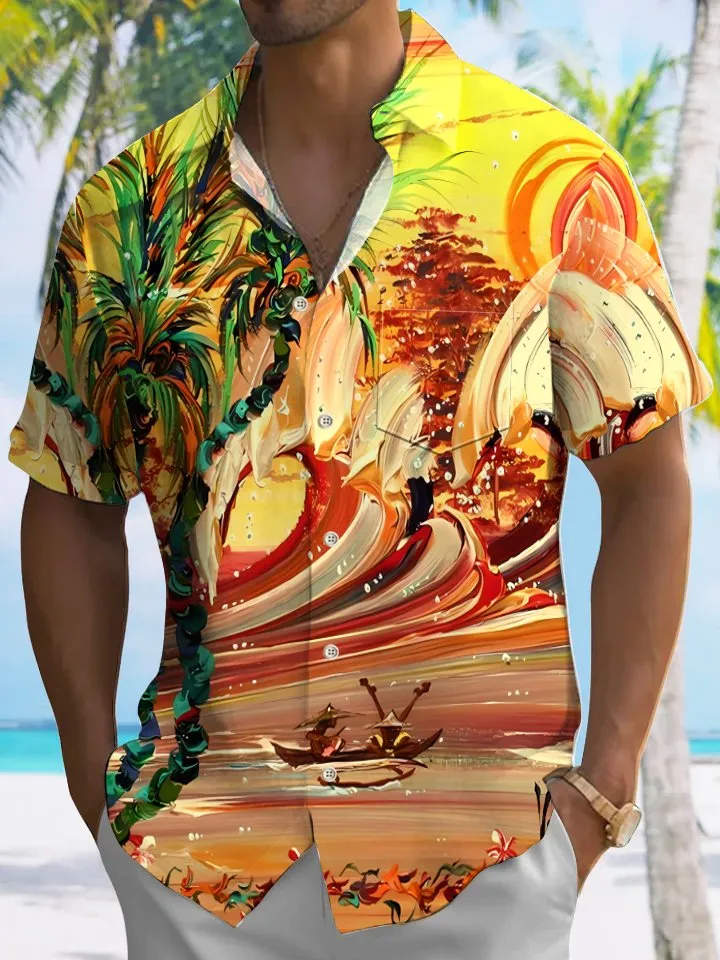 Alohadaddy coconut tree sunset beach button pocket casual short sleeve shirt