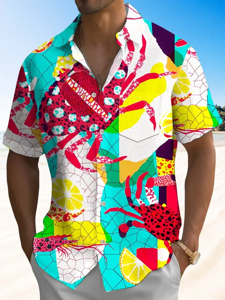 Alohadaddy Geometric Pattern Art Button Pocket Casual Short Sleeve Shirt