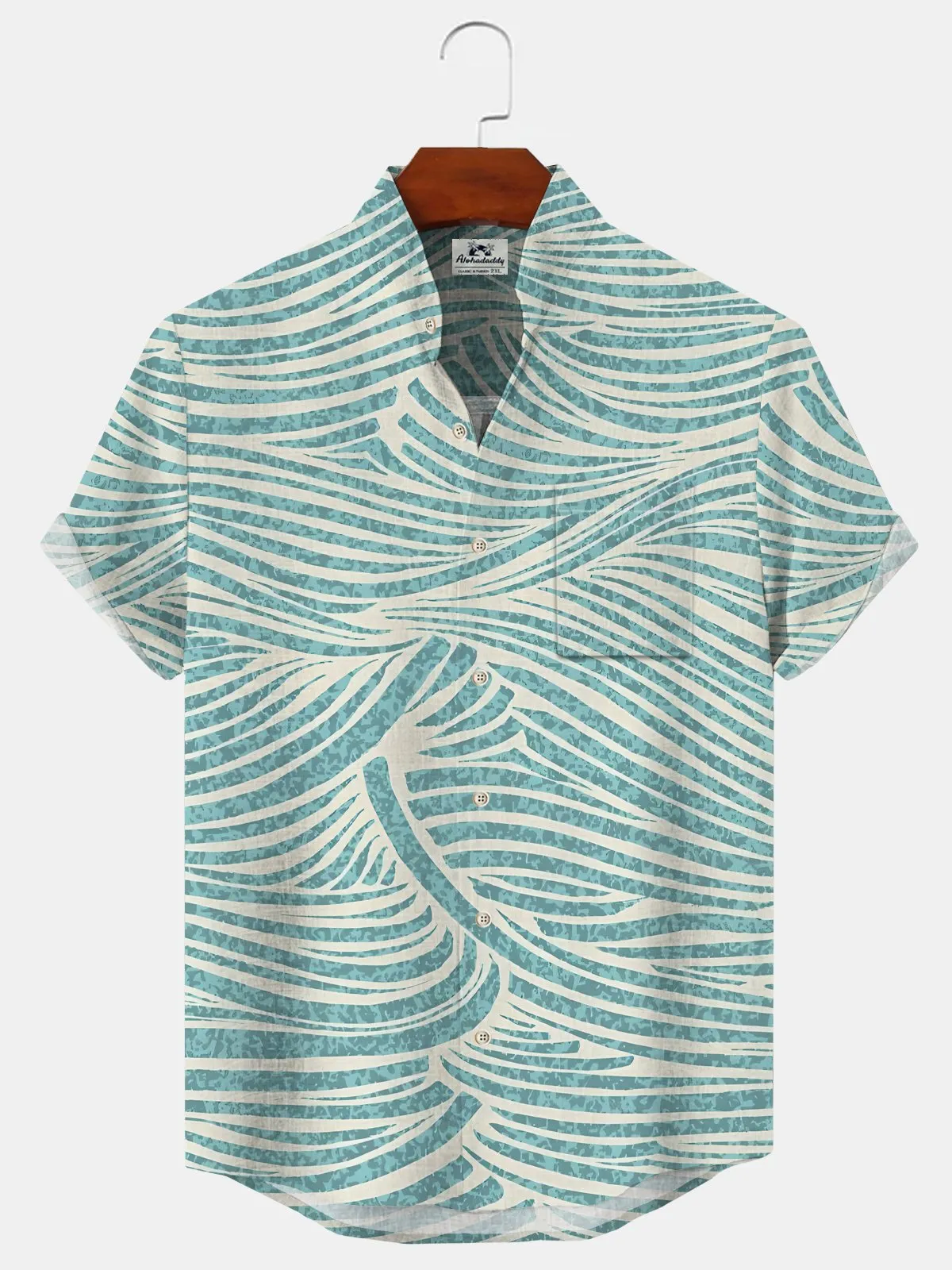 Alohadaddy Geometric Stripes Button Pocket Casual Short Sleeve Stand Collar Shirt