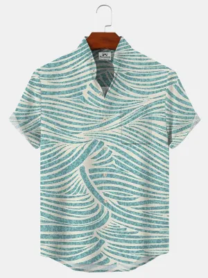 Alohadaddy Geometric Stripes Button Pocket Casual Short Sleeve Stand Collar Shirt