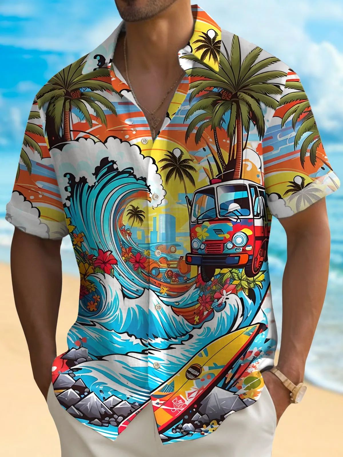 Alohadaddy Hawaii Coconut Surf Print Men's Button Pocket Short Sleeve Shirt