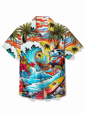 Alohadaddy Hawaii Coconut Surf Print Men's Button Pocket Short Sleeve Shirt