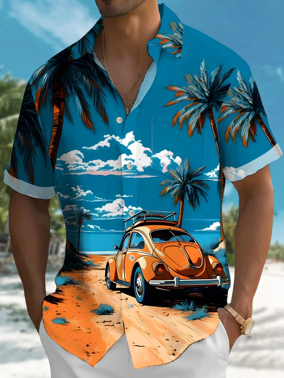 Alohadaddy Hawaii Coconut Tree Botanical Car Print Men's Button Pocket Short Sleeve Shirt