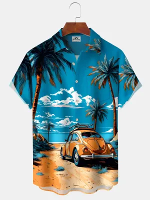Alohadaddy Hawaii Coconut Tree Botanical Car Print Men's Button Pocket Short Sleeve Shirt
