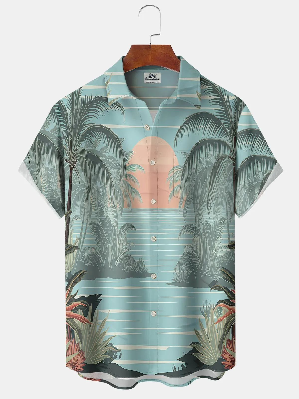 Alohadaddy Hawaii Vacation Tropical Palm Tree Print Art Pocket Button Short Sleeve Stretch Casual Shirt