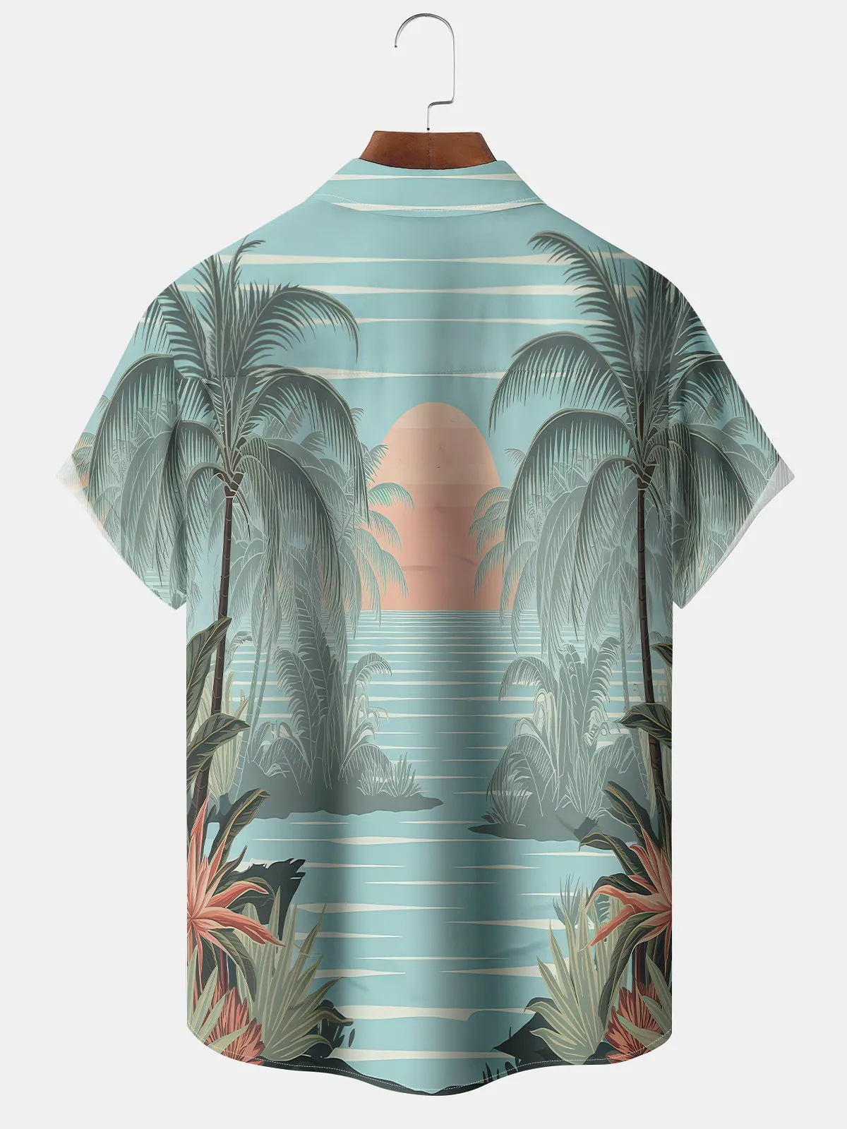 Alohadaddy Hawaii Vacation Tropical Palm Tree Print Art Pocket Button Short Sleeve Stretch Casual Shirt