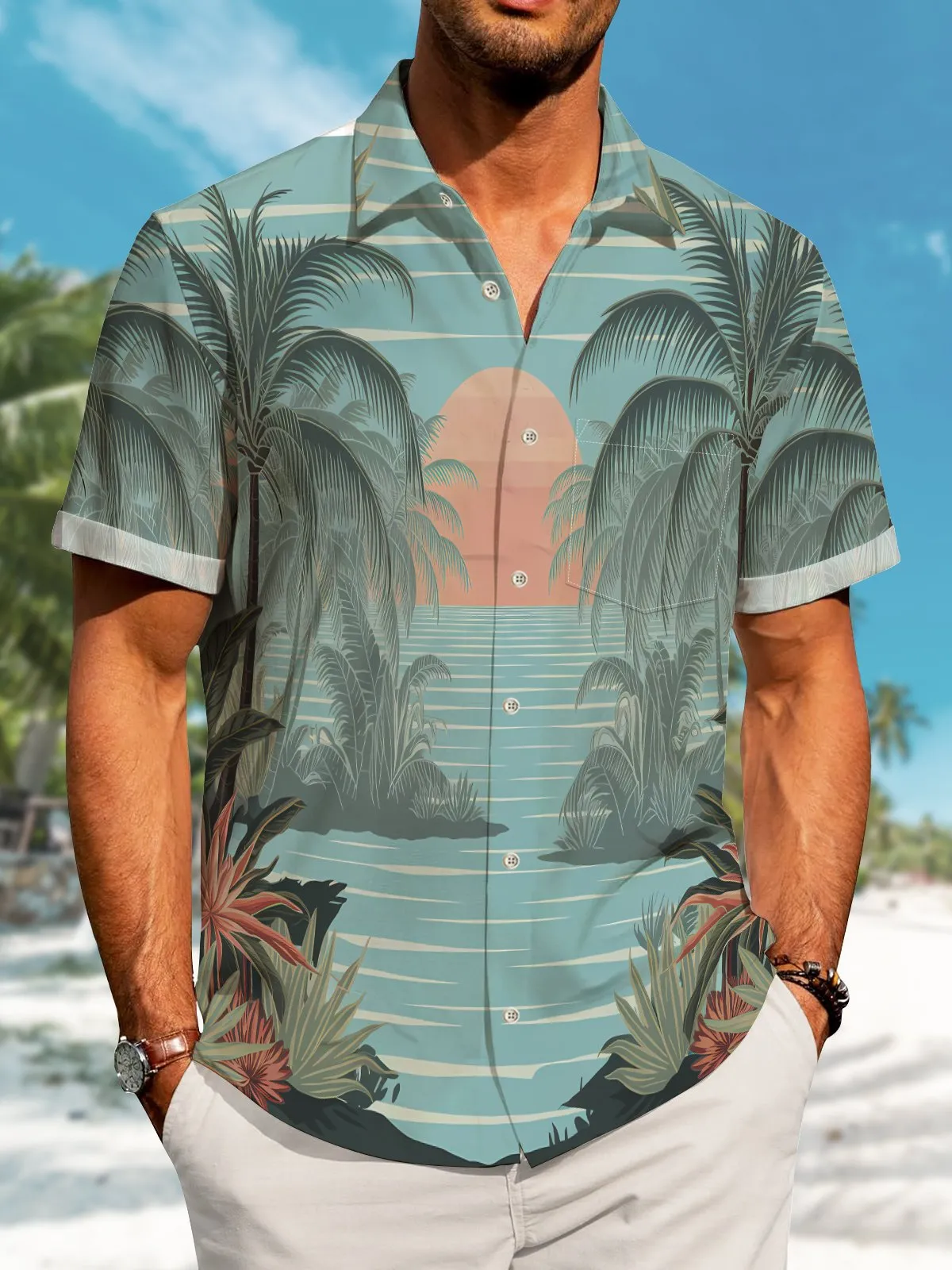 Alohadaddy Hawaii Vacation Tropical Palm Tree Print Art Pocket Button Short Sleeve Stretch Casual Shirt
