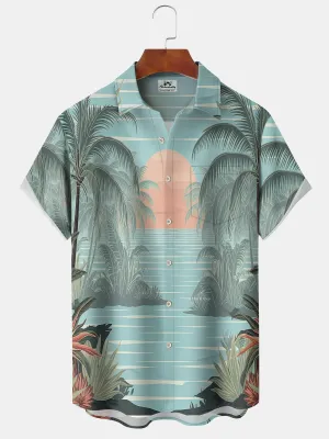 Alohadaddy Hawaii Vacation Tropical Palm Tree Print Art Pocket Button Short Sleeve Stretch Casual Shirt