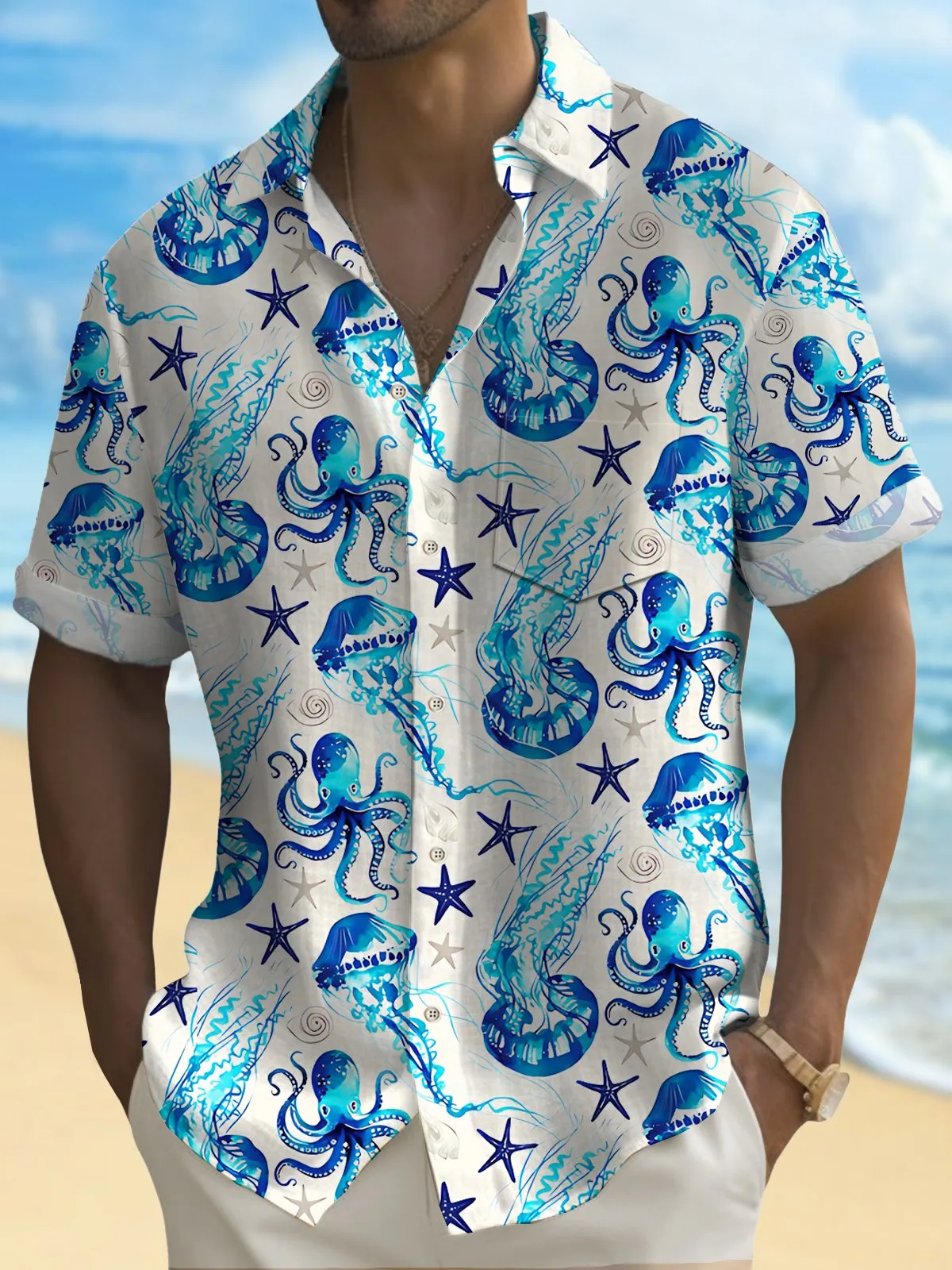 Alohadaddy Hawaiian Sea Life Jellyfish Print Men's Button Pocket Shirt