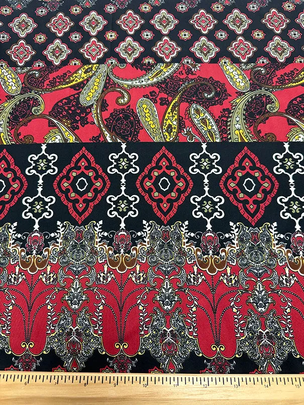 Antique Red Medallion Stripe Print Poly Charmeuse Satin