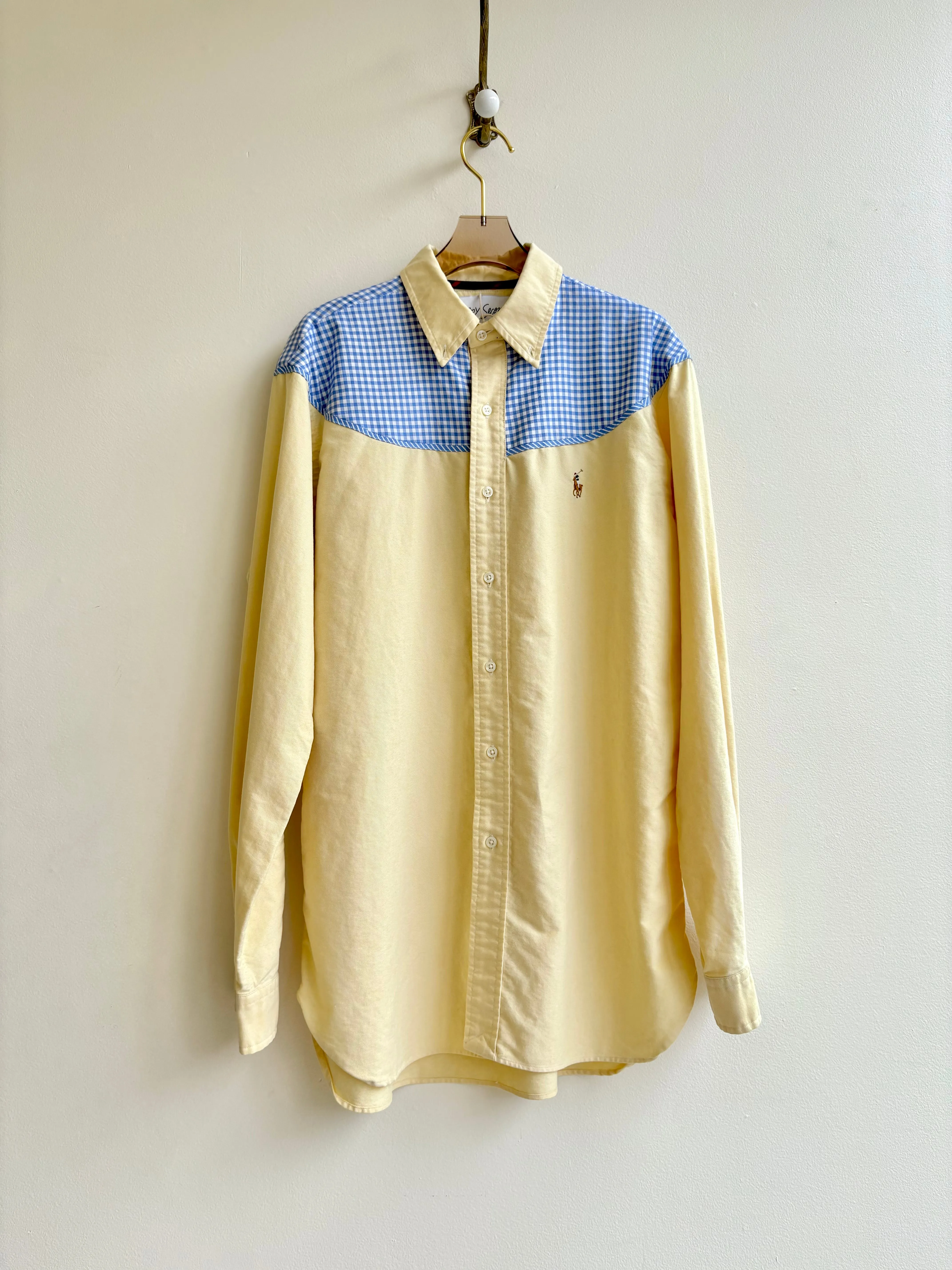 Austin Top | White & Yellow Pinstripe Button Down Top w/ Blue Check Shoulder Accent (Reworked)