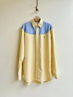 Austin Top | White & Yellow Pinstripe Button Down Top w/ Blue Check Shoulder Accent (Reworked)