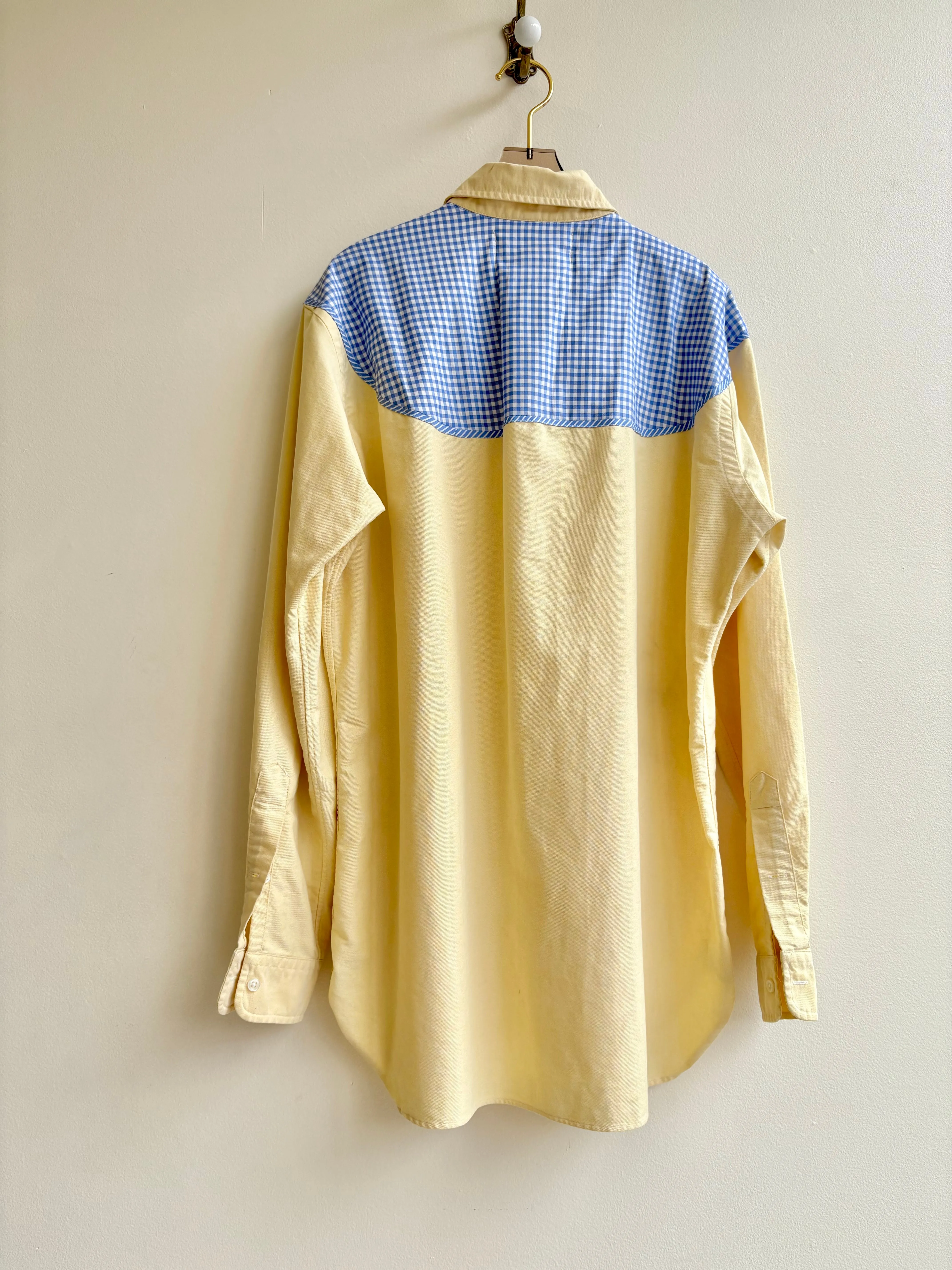 Austin Top | White & Yellow Pinstripe Button Down Top w/ Blue Check Shoulder Accent (Reworked)