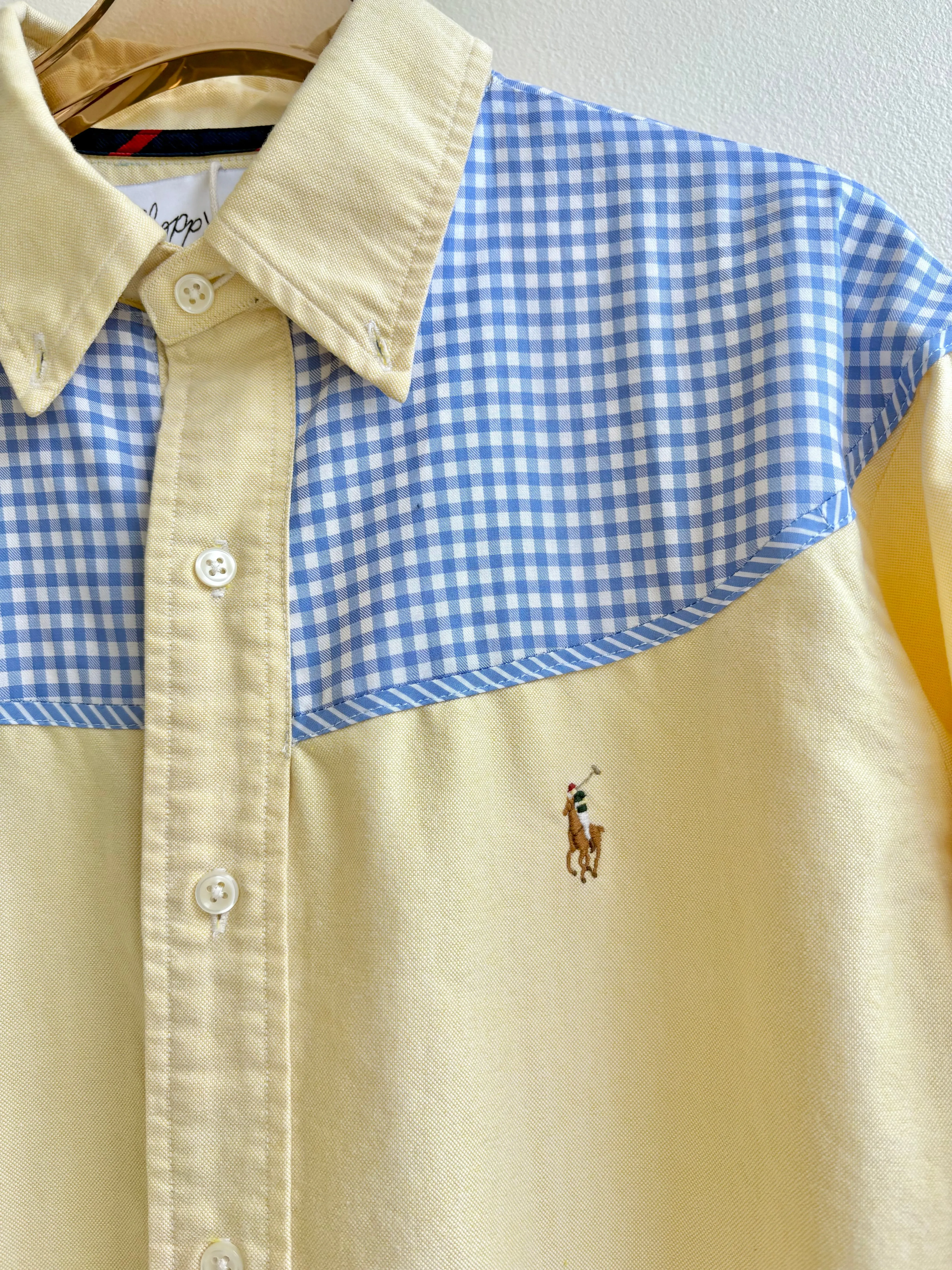 Austin Top | White & Yellow Pinstripe Button Down Top w/ Blue Check Shoulder Accent (Reworked)