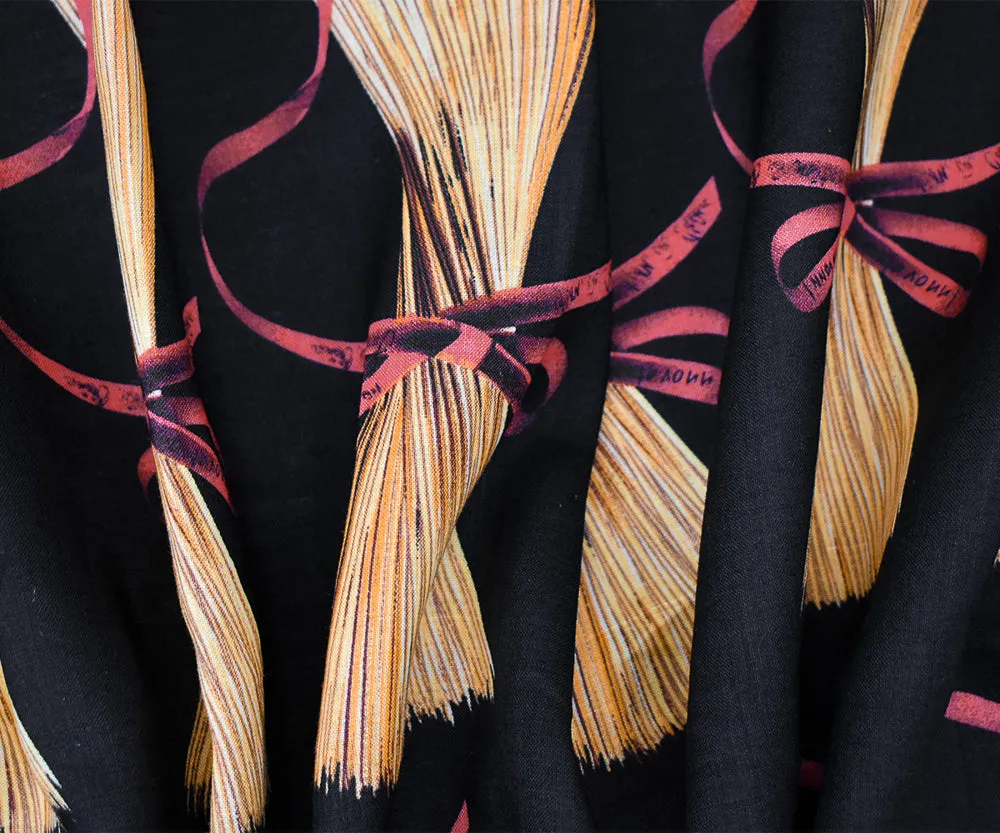 Black-Yellow-Red Ribbon Straw Printed Linen Woven Fabric