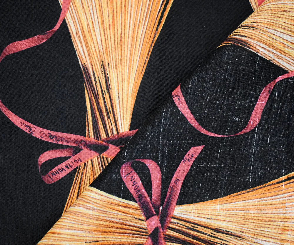 Black-Yellow-Red Ribbon Straw Printed Linen Woven Fabric