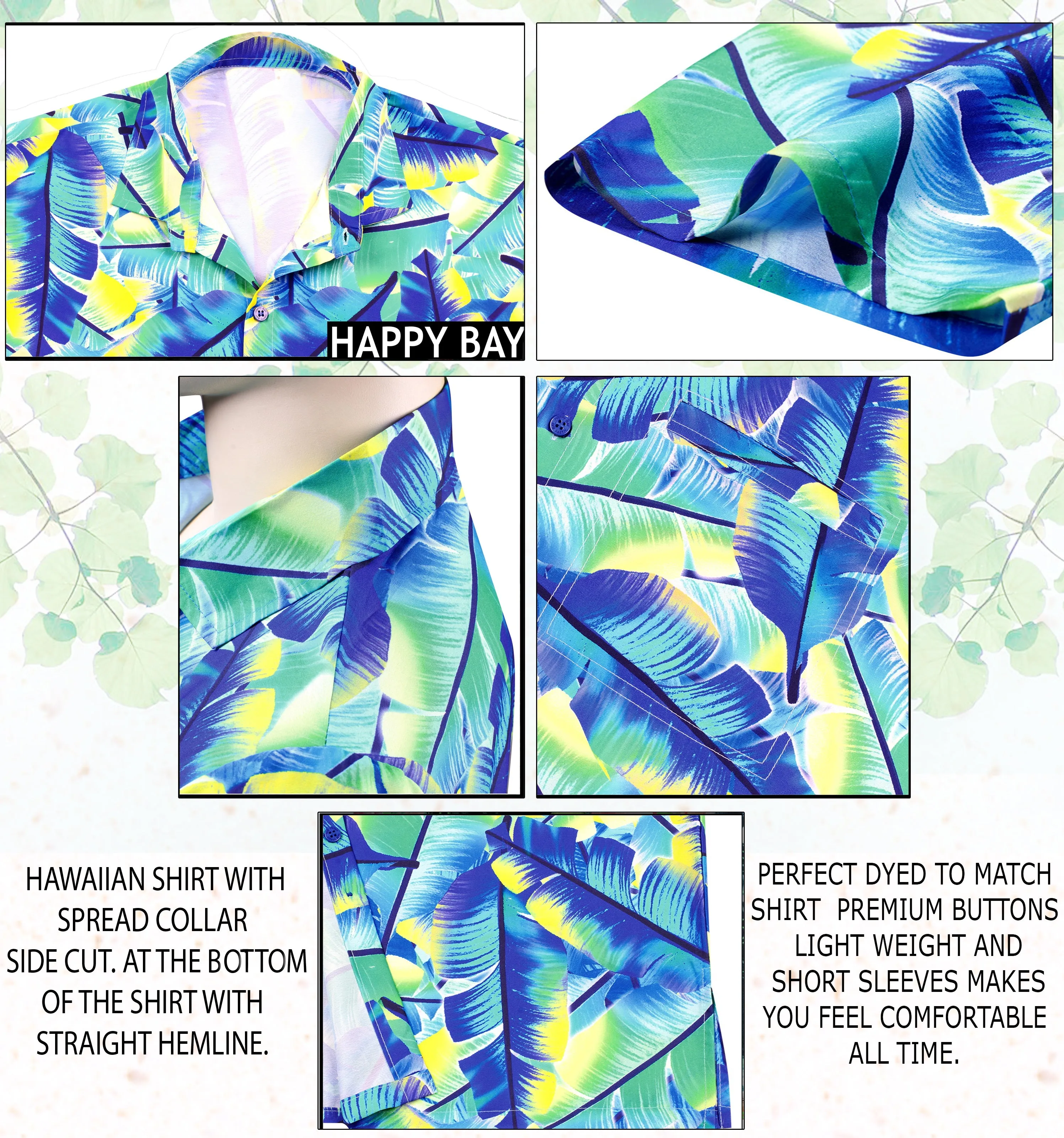 Blue Allover Banana Leaves Printed Casual Hawaiian Shirts for Men