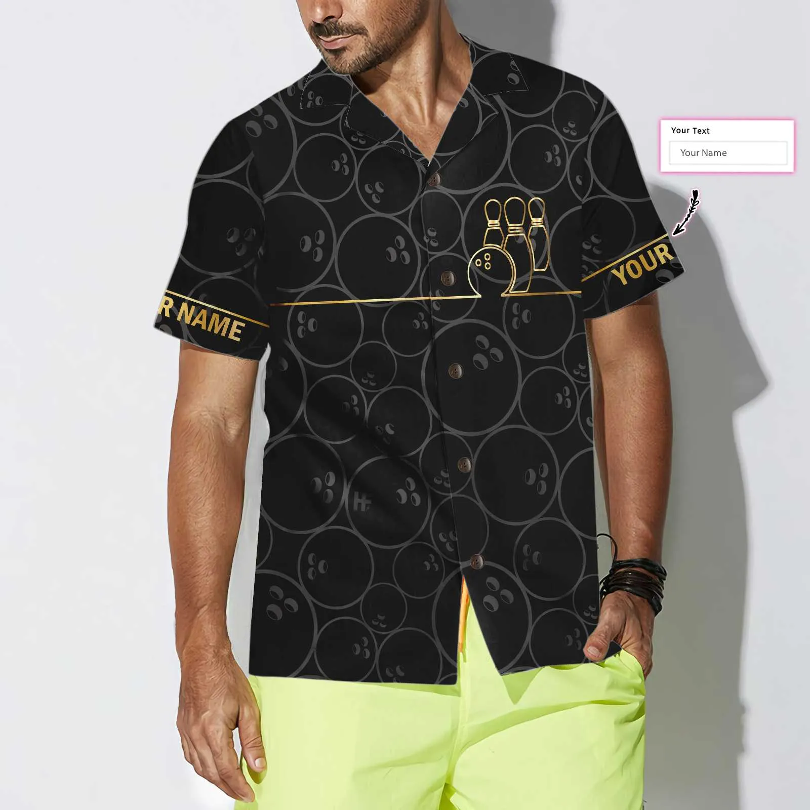 Bowling Pattern And Golden Custom Hawaiian Shirt, Personalized Bowling Shirt For Men & Women
