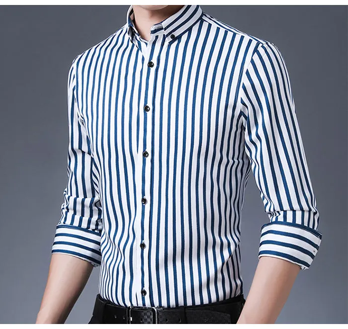 Casual Non-Iron Stretch Long Sleeve Striped Dress Shirt