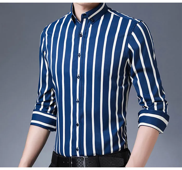 Casual Non-Iron Stretch Long Sleeve Striped Dress Shirt