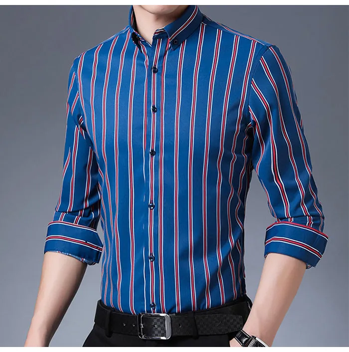 Casual Non-Iron Stretch Long Sleeve Striped Dress Shirt