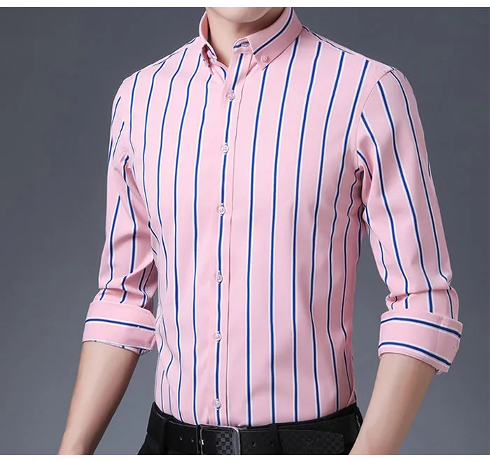 Casual Non-Iron Stretch Long Sleeve Striped Dress Shirt